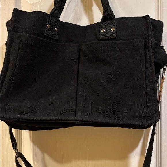 Black Canvas Tote Bag Brown Accents Detachable Strap 6 Pockets Outside on Bag - Picture 5 of 14